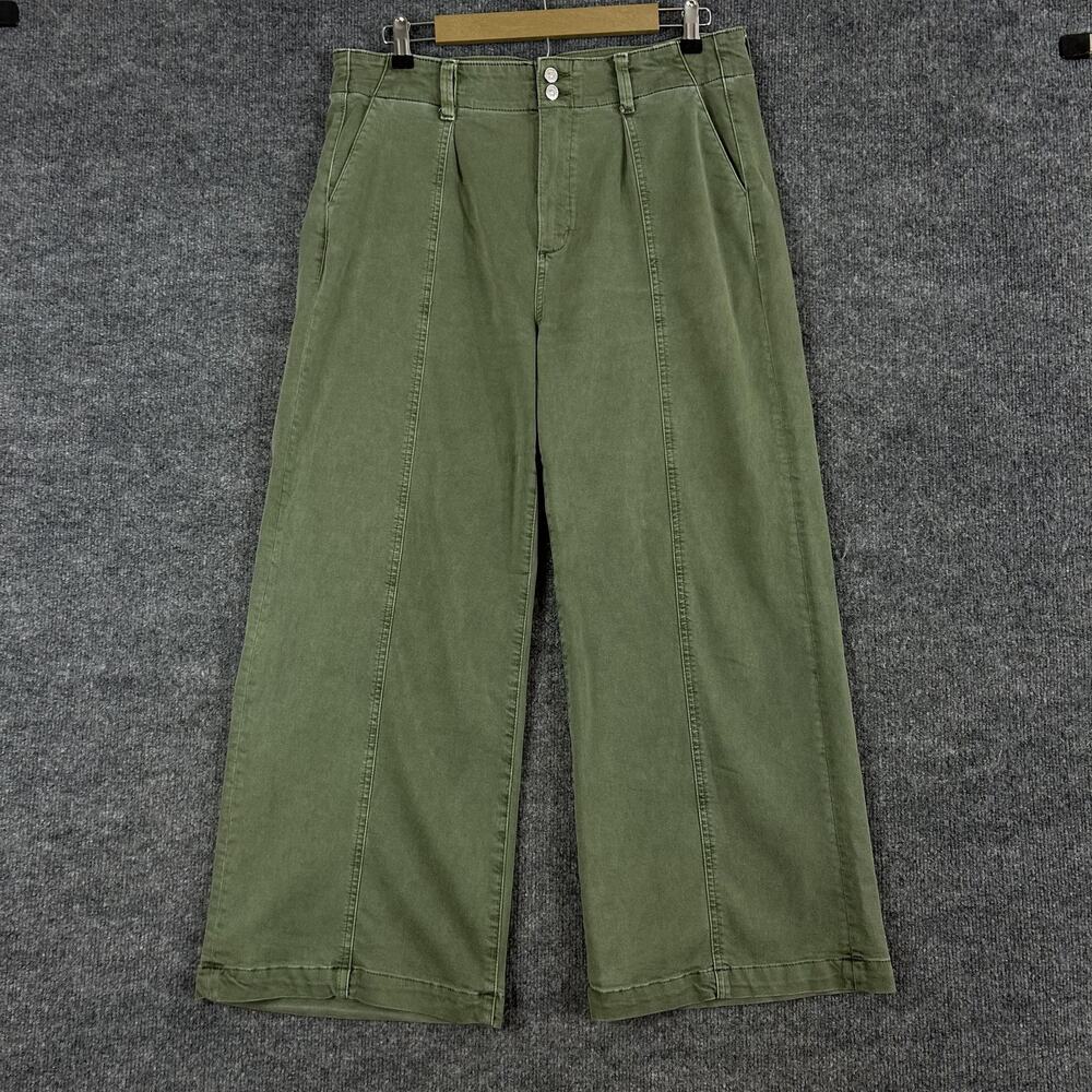 Paige Pants 31 Brooklyn Vintage Green High Rise Wide Leg Cropped Pleated Casual - Picture 5 of 16